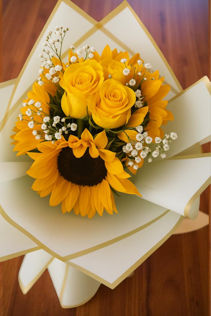BOUQUET CON 5 GIRASOLES Y 3 ROSAS