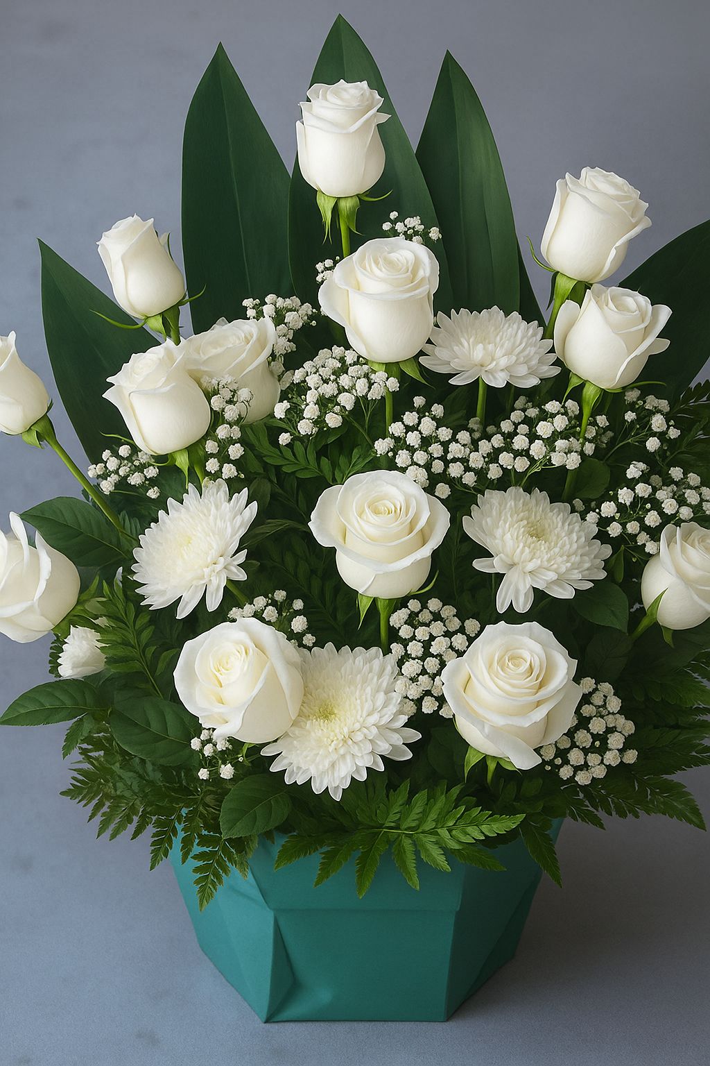 ARREGLO FLORAL 15 ROSAS BLANCAS Y 5 MAULES