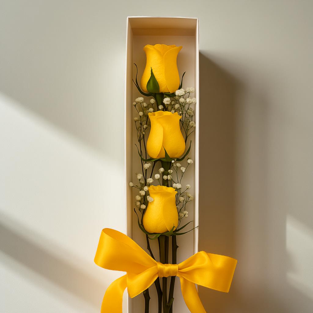 CAJA DE 3 ROSAS AMARILLAS