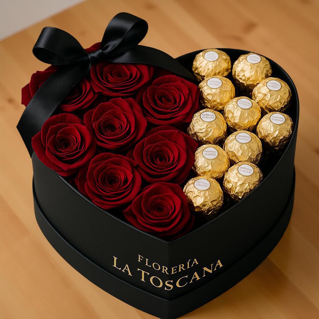 CORAZON NEGRO CON 8 ROSAS ROJAS Y 11 BOMBONES