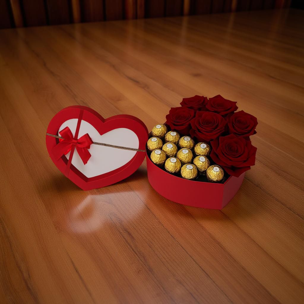 CORAZON CON 6 ROSAS Y 11 CHOCOLATES