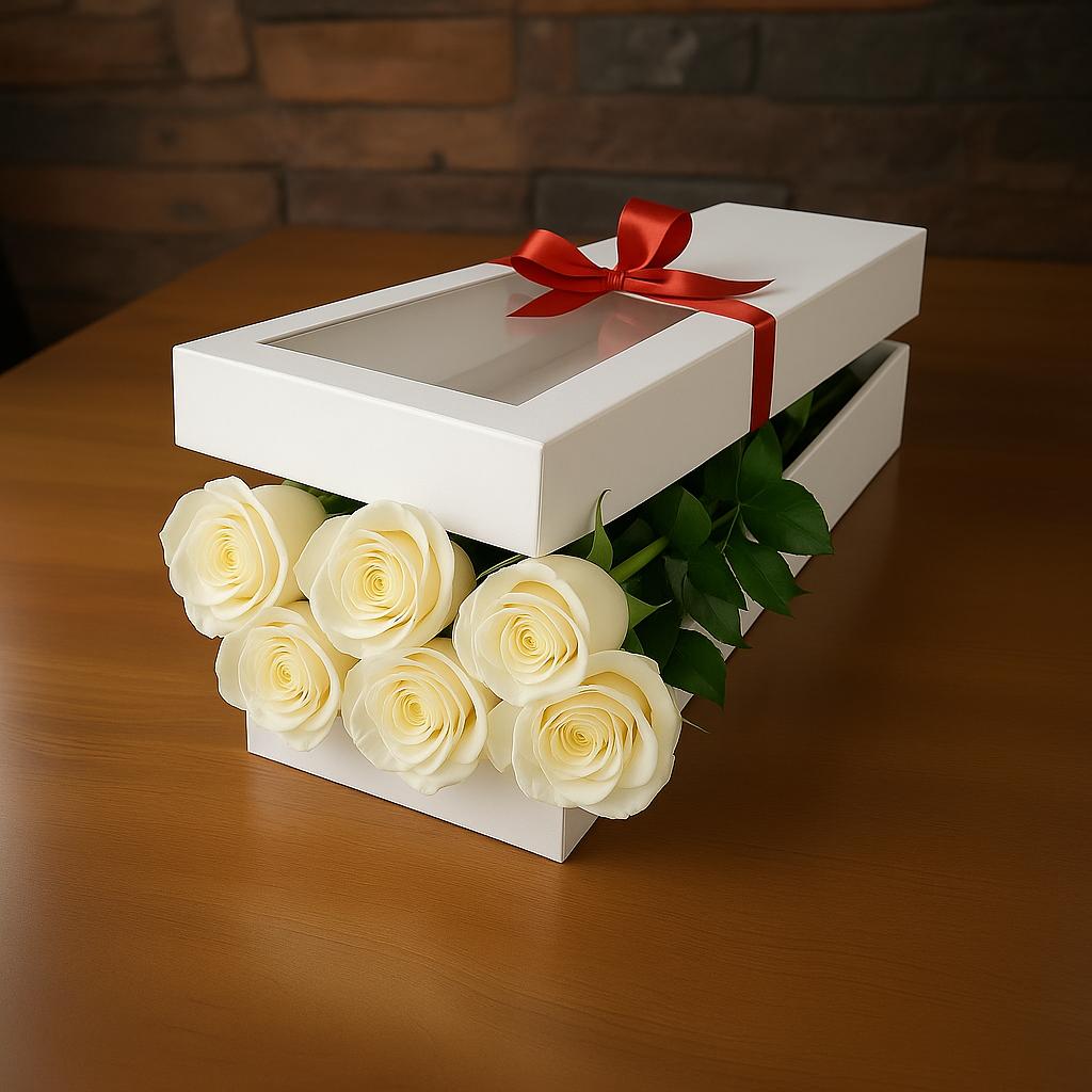 CAJA DE 6 ROSAS BLANCAS
