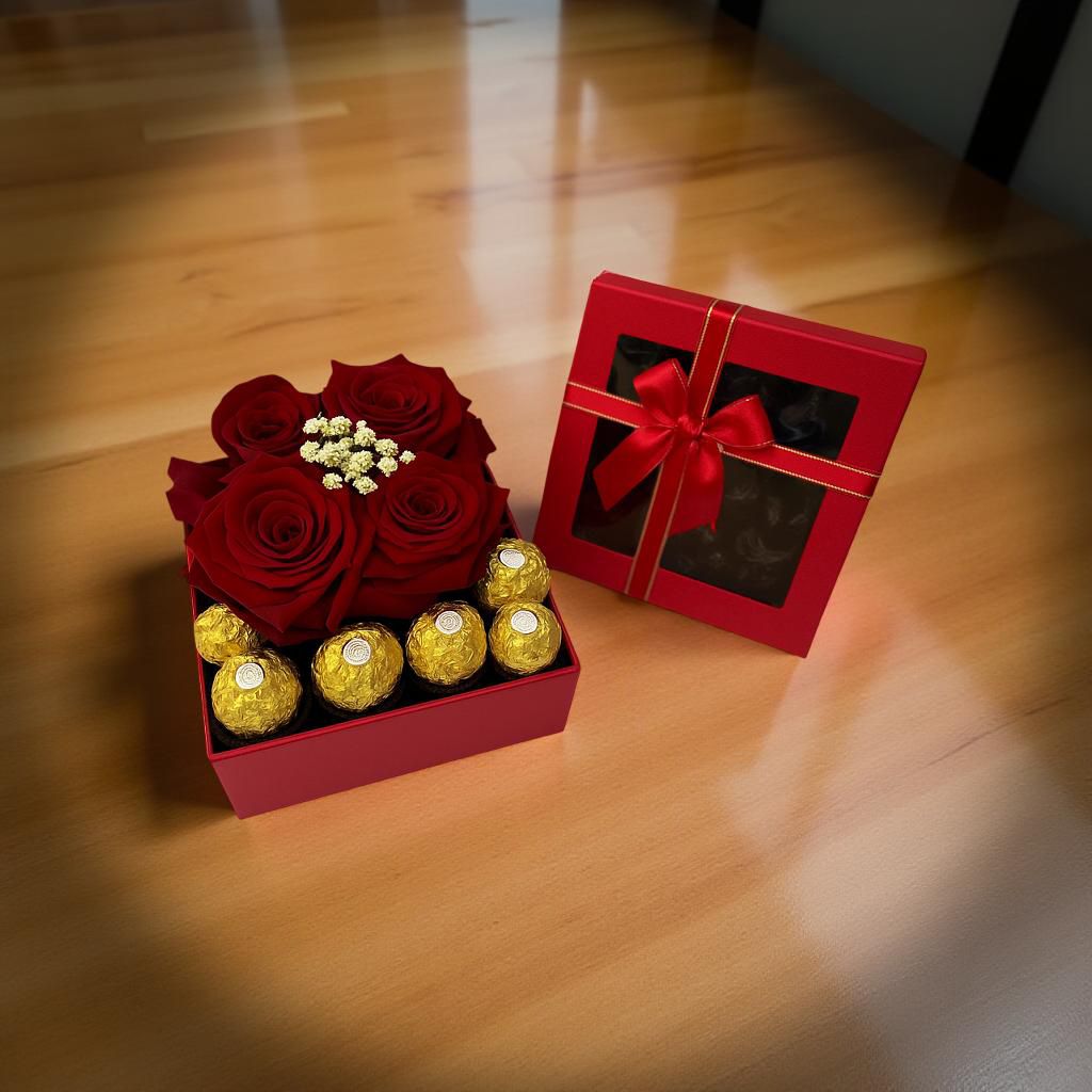 CAJA 4 ROSAS Y 12 CHOCOLATES