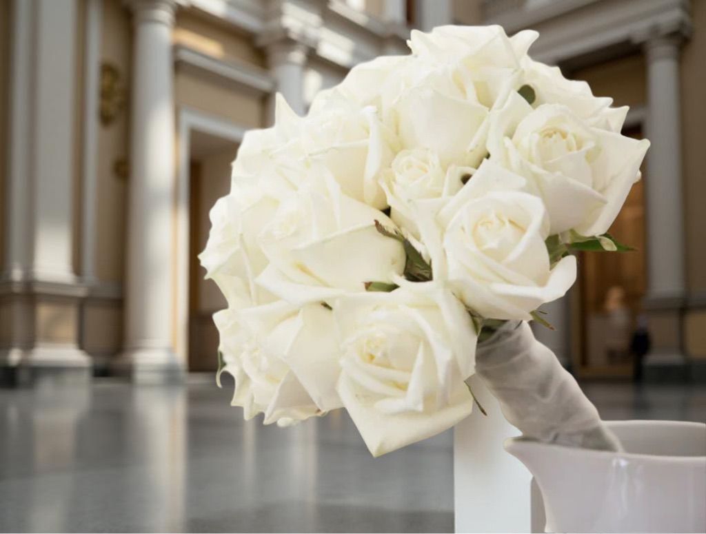 BOUQUET REDONDO CON 16 ROSAS BLANCAS Y CINTA