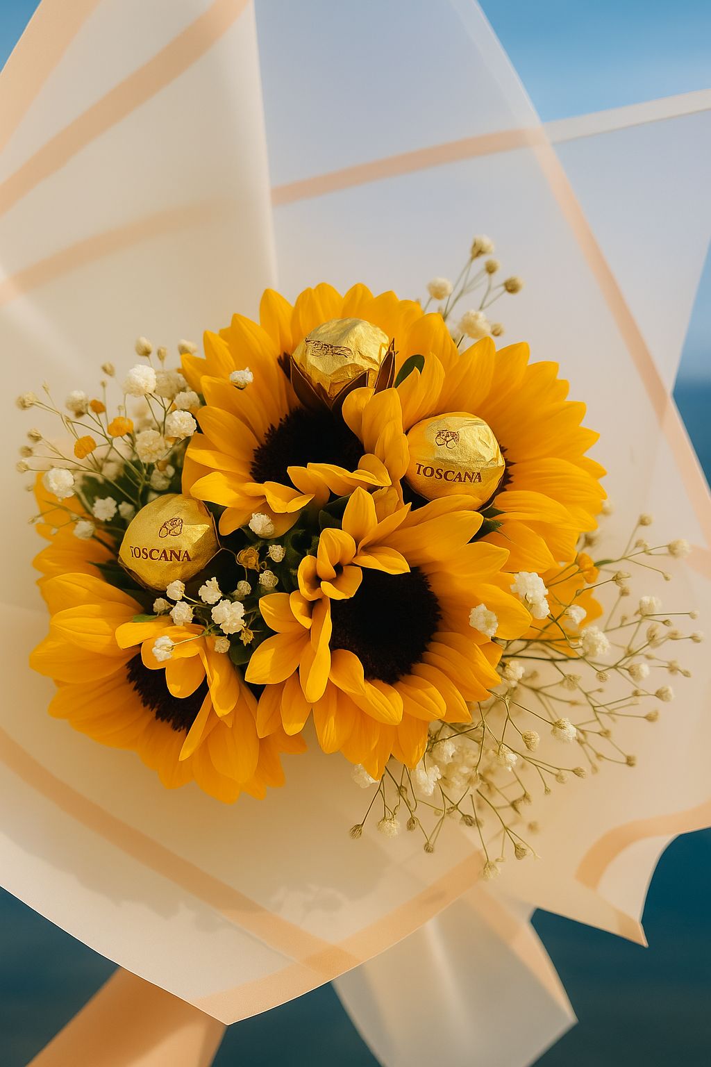 BOUQUET CON 5 GIRASOLES Y 3 CHOCOLARES