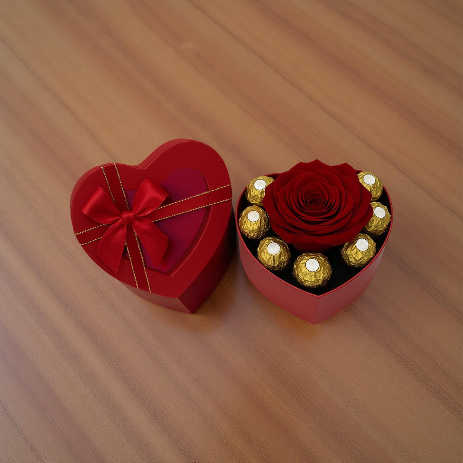 CORAZON CON 1 ROSA ROJA Y 10 CHOCOLATES