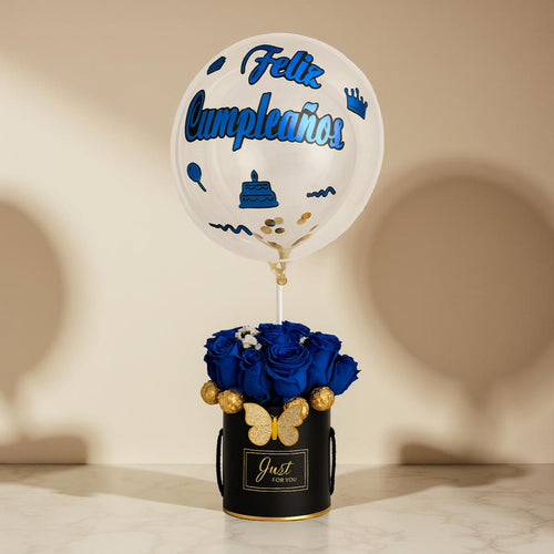 12 ROSAS AZULES MAS 4 BOMBONES CON ENVASE NEGRO Y GLOBO